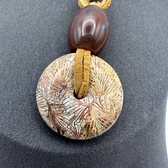 Coral Fossil “Dragon Bone” Donut Pendant and Ocean Jasper Bead on Suede Rope - Picture 4 of 13